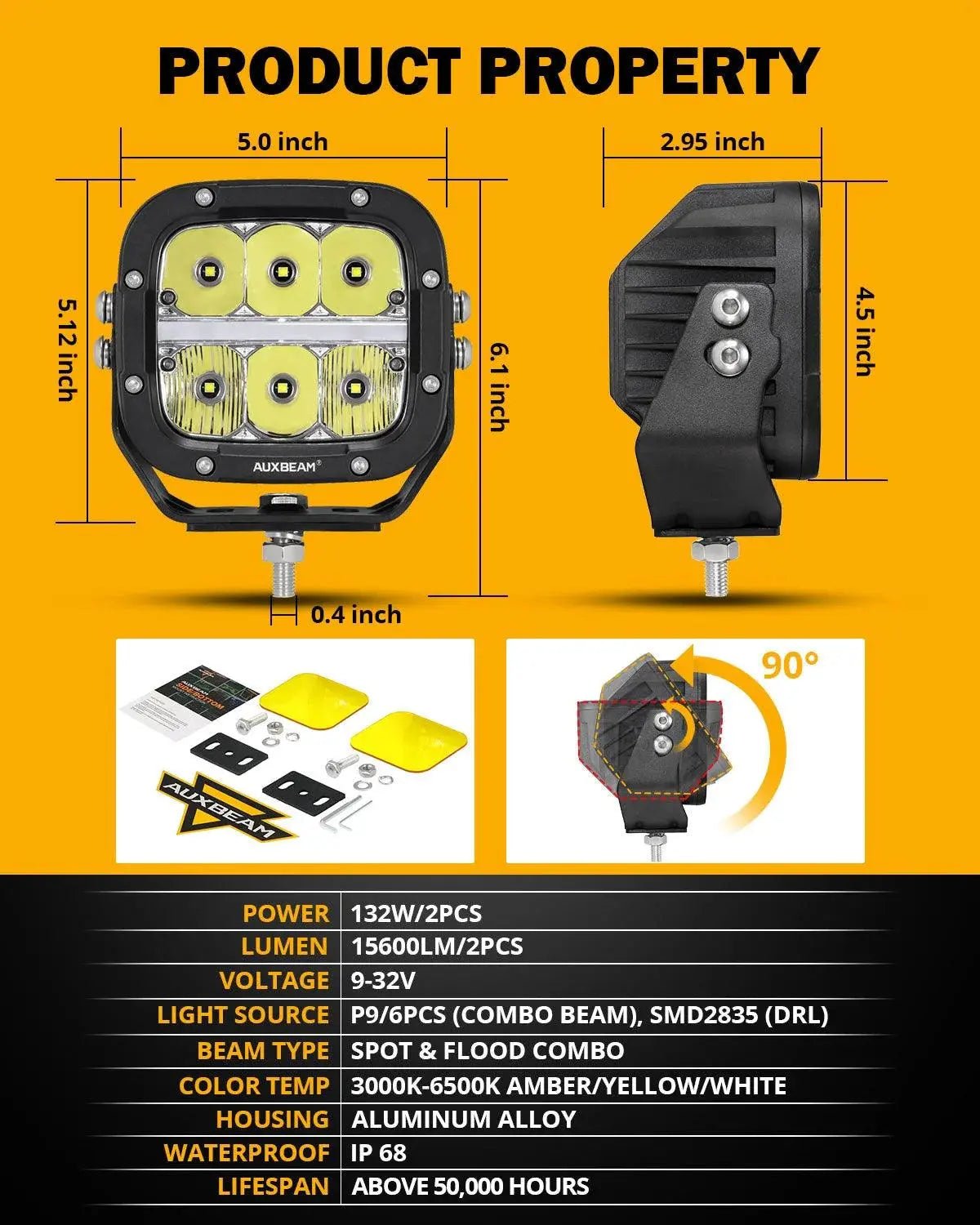 Auxbeam 5" XP - Ultra Series LED Offroad Light With Amber DRL 132W 15600LM (2 Pcs) - SLBSTORE